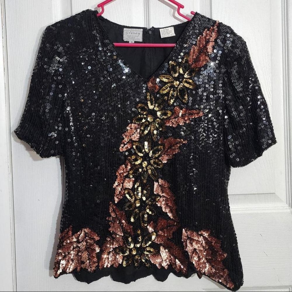 Vintage Black Sequin Floral Silk Fairy Top